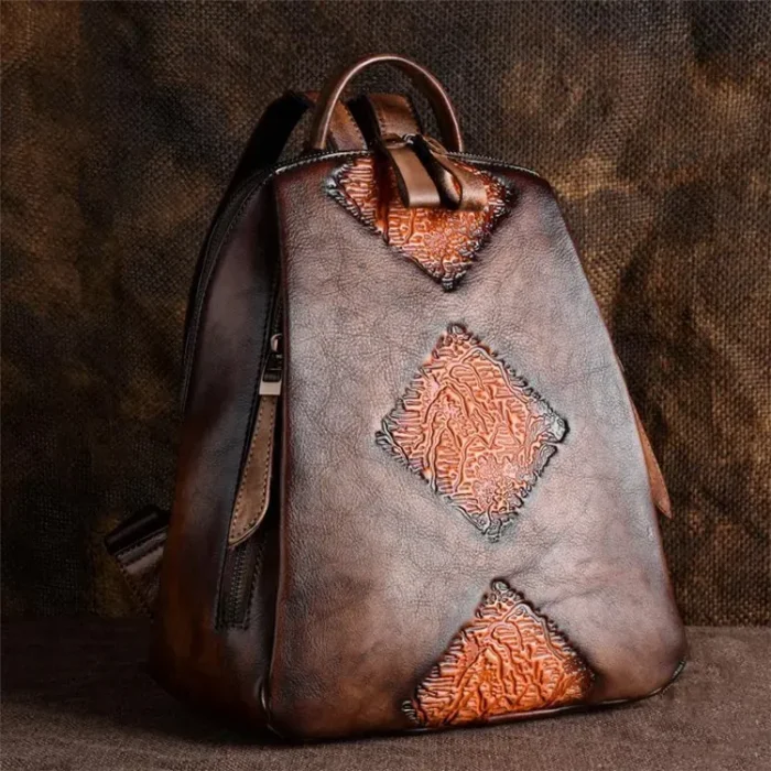 Women Retro Ethnic Color Blocking Embossing Leather Backpack - Image 1