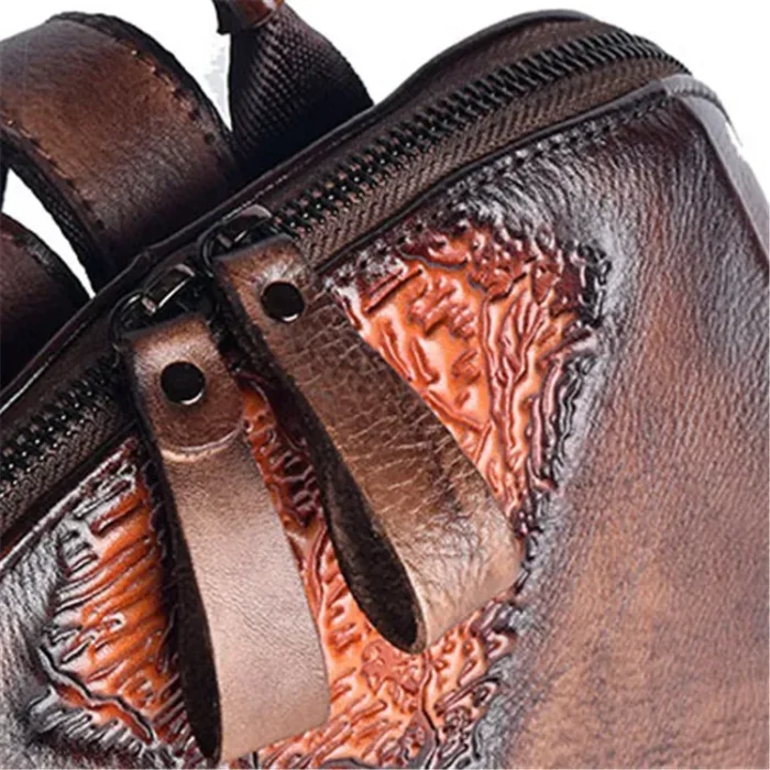 Women Retro Ethnic Color Blocking Embossing Leather Backpack - Image 5