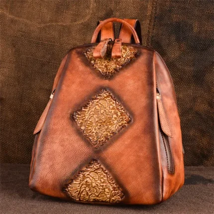 Women Retro Ethnic Color Blocking Embossing Leather Backpack - Image 6