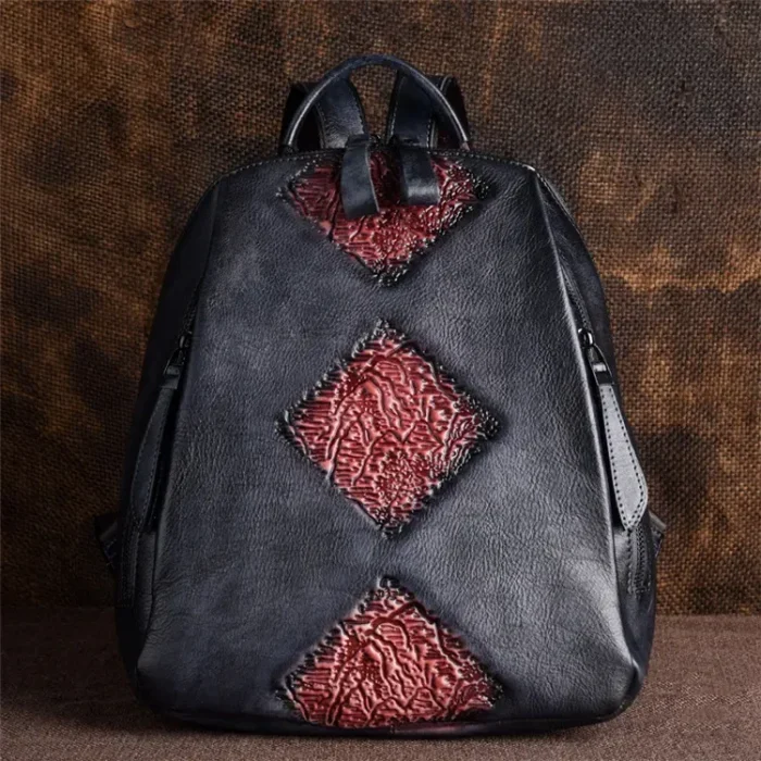 Women Retro Ethnic Color Blocking Embossing Leather Backpack - Image 7