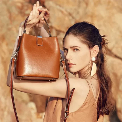 Women Simple Solid Color Waxed Leather Bucket Bag
