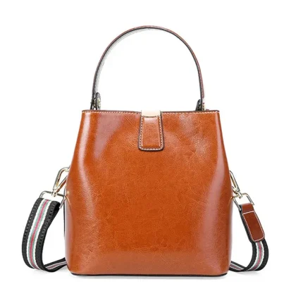 Women Simple Solid Color Waxed Leather Bucket Bag - Image 2