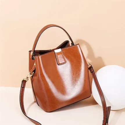 Women Simple Solid Color Waxed Leather Bucket Bag - Image 3