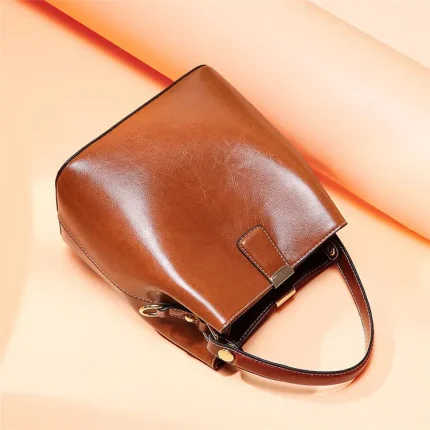 Women Simple Solid Color Waxed Leather Bucket Bag - Image 4