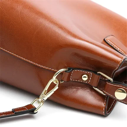 Women Simple Solid Color Waxed Leather Bucket Bag - Image 5