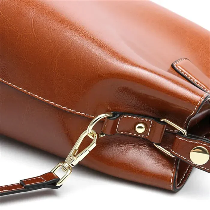 Women Simple Solid Color Waxed Leather Bucket Bag - Image 5