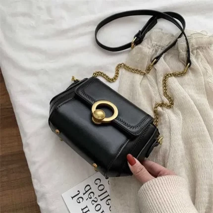 Women Simple Solid Color Metal Ring Decoration Chain Crossbody Bag