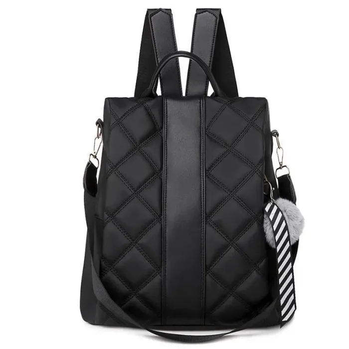 British Style Rhombus Pattern Fluffy Ball Decor Casual Backpack - Image 2