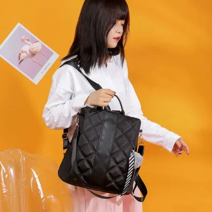 British Style Rhombus Pattern Fluffy Ball Decor Casual Backpack - Image 6