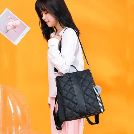 British Style Rhombus Pattern Fluffy Ball Decor Casual Backpack - Image 7