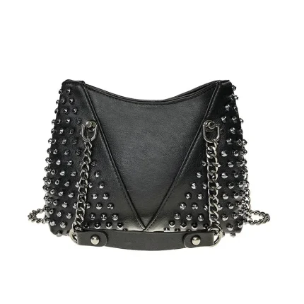 Women Vintage Chain Rivet Design Solid Color Large Capacity Shoulder Handle Bag