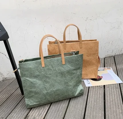 Women Vintage Kraft Paper Bag Large Capacity Waterproof Shoulder Tote Large Bag