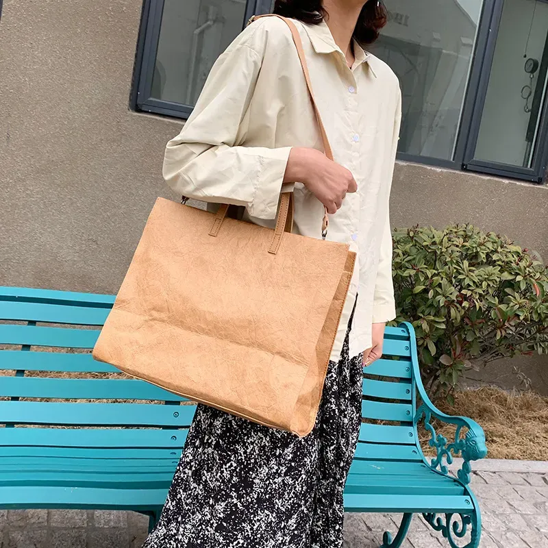 T1035C9538_118507.webp Women Vintage Kraft Paper Bag Large Capacity Waterproof Shoulder Tote Large Bag - Image 2