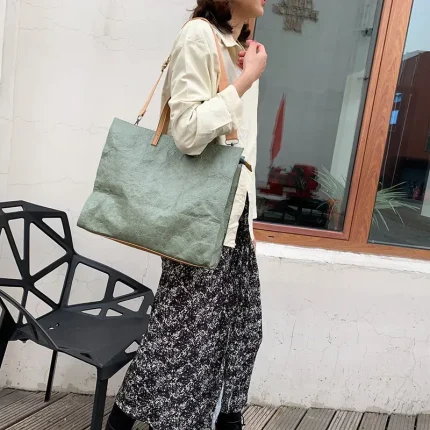 Women Vintage Kraft Paper Bag Large Capacity Waterproof Shoulder Tote Large Bag - Image 3