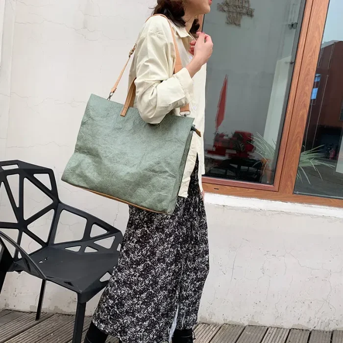 Women Vintage Kraft Paper Bag Large Capacity Waterproof Shoulder Tote Large Bag - Image 3