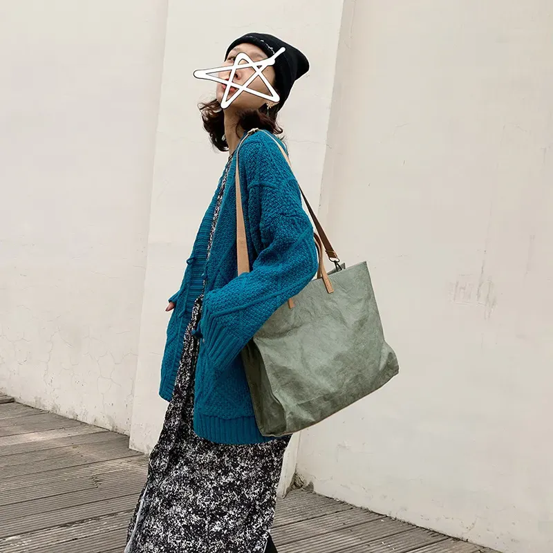T1035C9538_118512.webp Women Vintage Kraft Paper Bag Large Capacity Waterproof Shoulder Tote Large Bag - Image 4