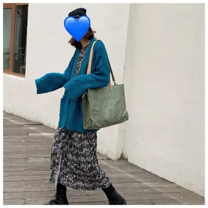 Women Vintage Kraft Paper Bag Large Capacity Waterproof Shoulder Tote Large Bag - Image 5