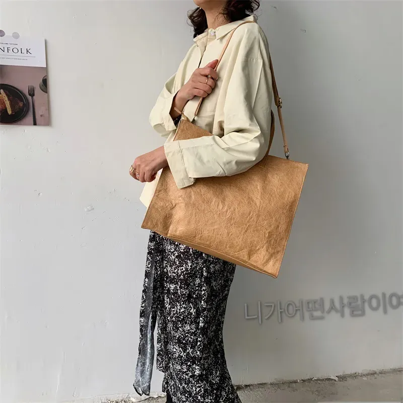 T1035C9538_118518.webp Women Vintage Kraft Paper Bag Large Capacity Waterproof Shoulder Tote Large Bag - Image 6