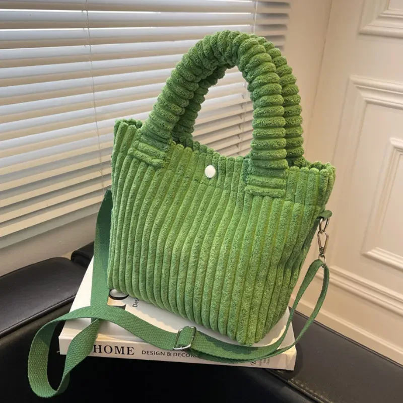 T1035CFF81_117880.webp Women Basic Stripe Design Solid Color Corduroy Handle Bag - Image 1