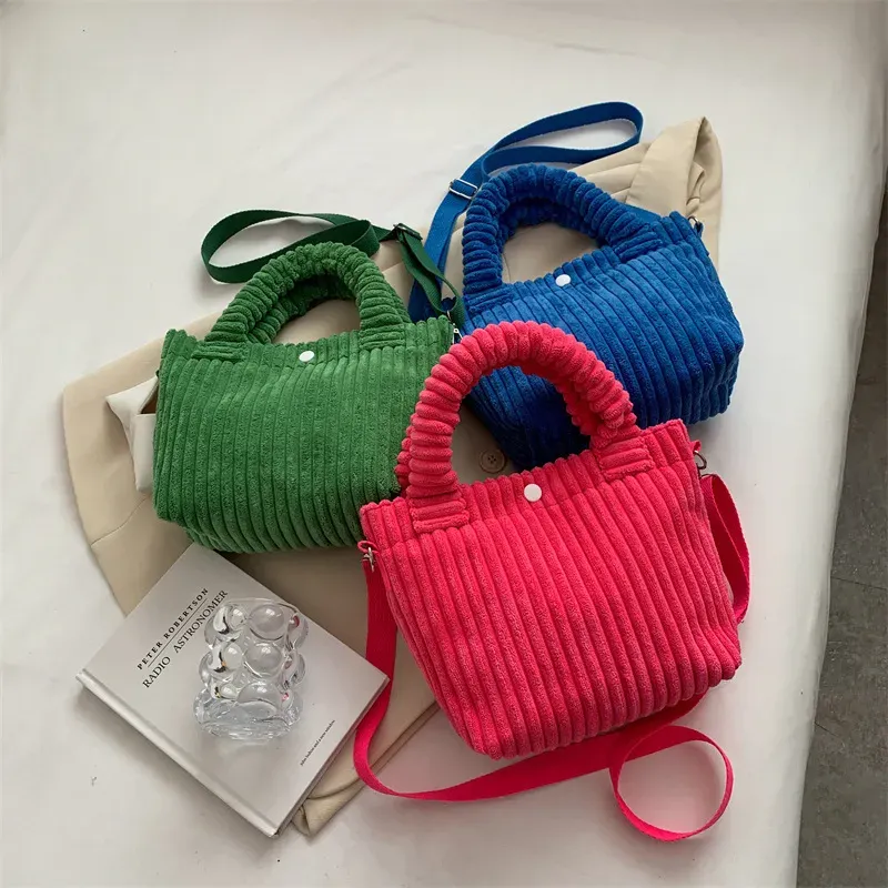 T1035CFF81_117883.webp Women Basic Stripe Design Solid Color Corduroy Handle Bag - Image 2