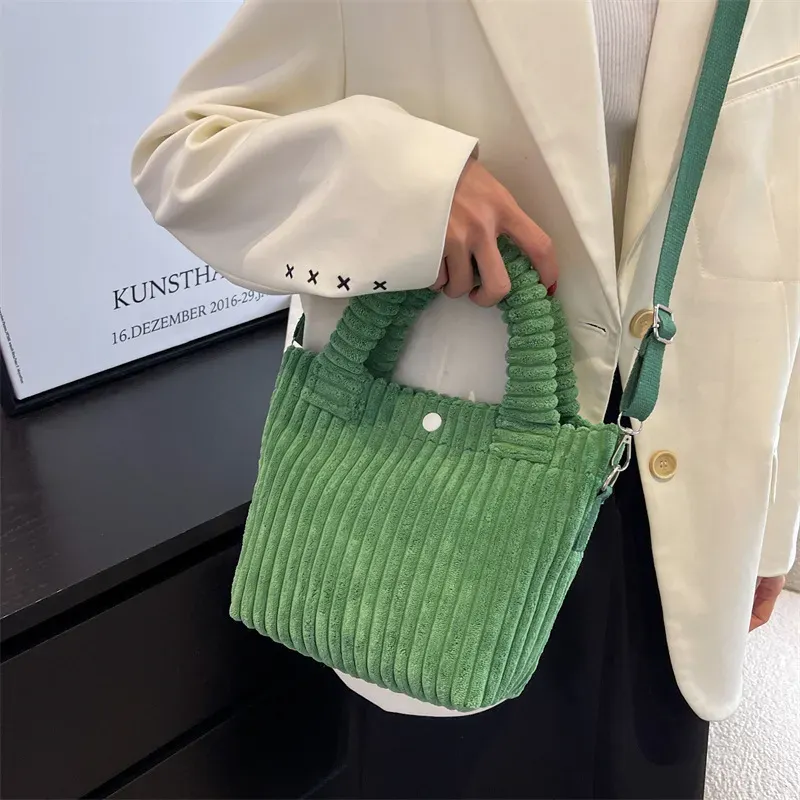 T1035CFF81_117886.webp Women Basic Stripe Design Solid Color Corduroy Handle Bag - Image 3