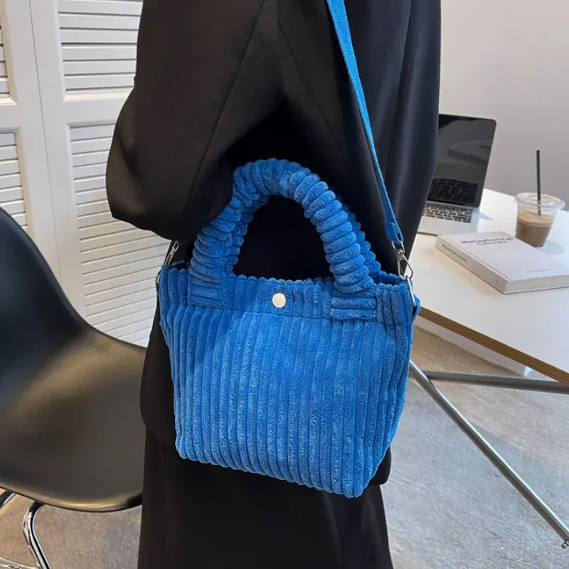 T1035CFF81_117888.webp Women Basic Stripe Design Solid Color Corduroy Handle Bag - Image 4