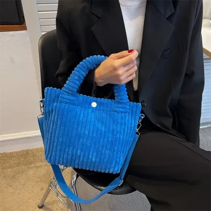 Women Basic Stripe Design Solid Color Corduroy Handle Bag - Image 5