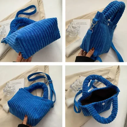 Women Basic Stripe Design Solid Color Corduroy Handle Bag - Image 6