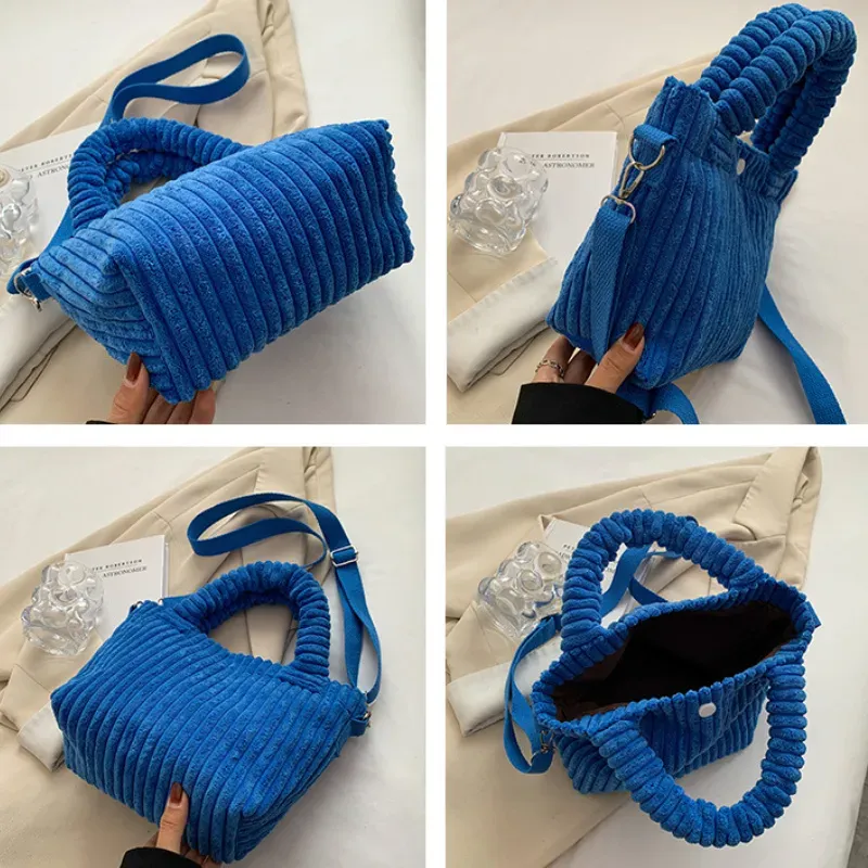T1035CFF81_117894.webp Women Basic Stripe Design Solid Color Corduroy Handle Bag - Image 6