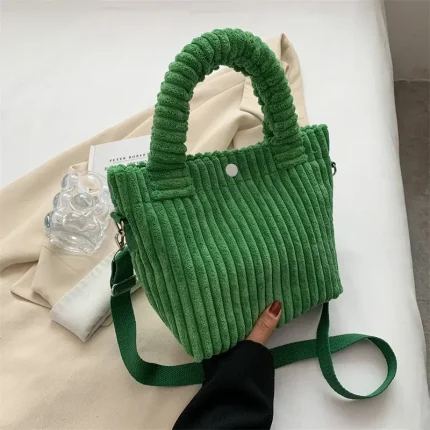 Women Basic Stripe Design Solid Color Corduroy Handle Bag - Image 7