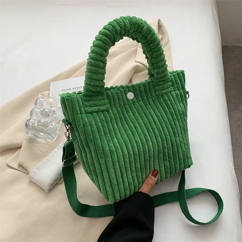 T1035CFF81_117897.webp Women Basic Stripe Design Solid Color Corduroy Handle Bag - Image 7