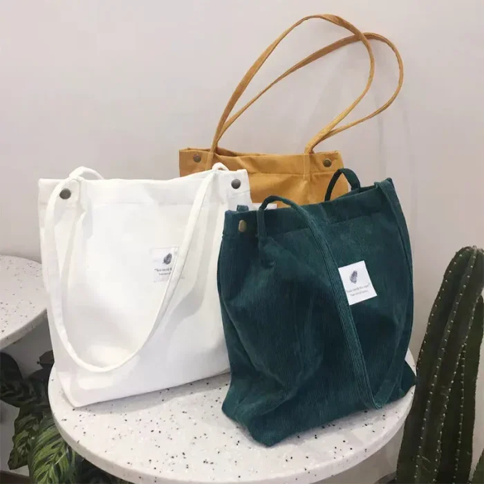 Women Casual Basic Solid Color Large Capacity Corduroy Tote Bag - Image 1