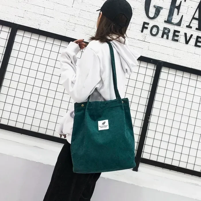 Women Casual Basic Solid Color Large Capacity Corduroy Tote Bag - Image 2