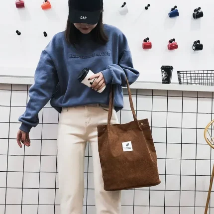 Women Casual Basic Solid Color Large Capacity Corduroy Tote Bag - Image 3
