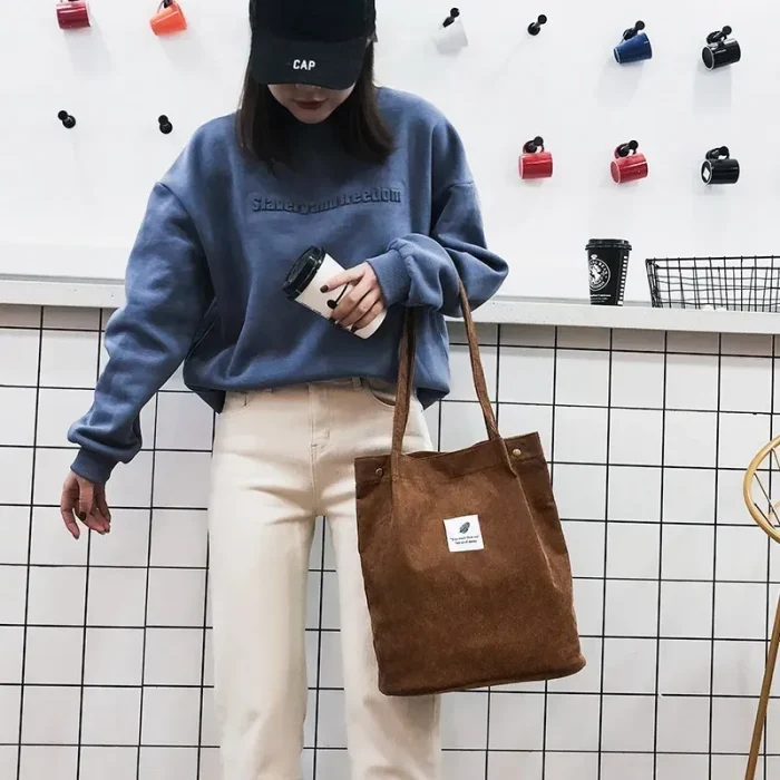 Women Casual Basic Solid Color Large Capacity Corduroy Tote Bag - Image 3