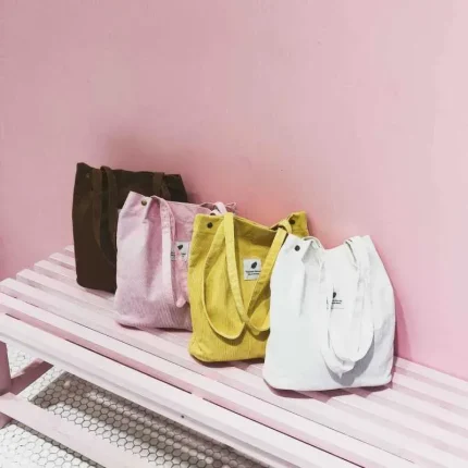 Women Casual Basic Solid Color Large Capacity Corduroy Tote Bag - Image 4