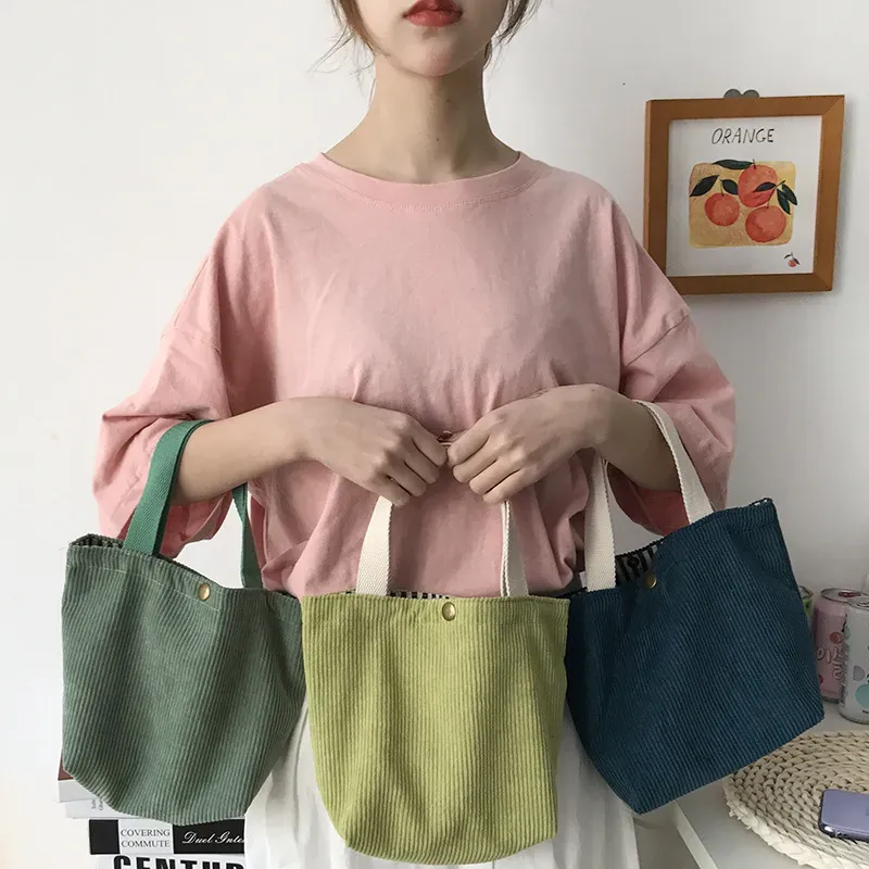 T1035D043F_118772.webp Women Casual Basic Buckle Design Solid Color Corduroy Handle Bag - Image 4