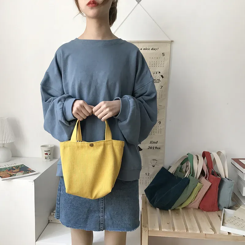 T1035D043F_118773.webp Women Casual Basic Buckle Design Solid Color Corduroy Handle Bag - Image 5
