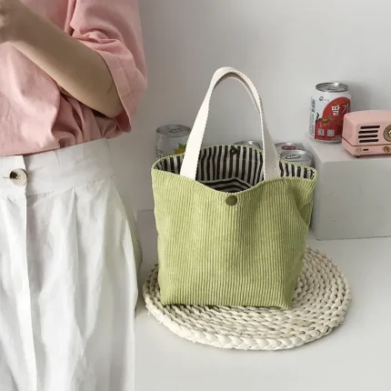 Women Casual Basic Buckle Design Solid Color Corduroy Handle Bag - Image 6