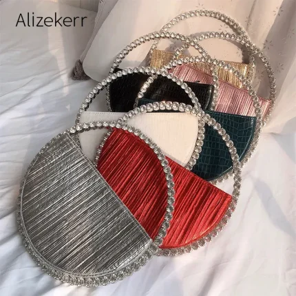 Women Fashion Creative Sparkling Rhinestone Decorative Round Handle Evening Bag
