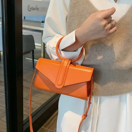 Women Fashion Flap Buckle Design Hoop Decorative Solid Color PU Handle Crossbody Bag