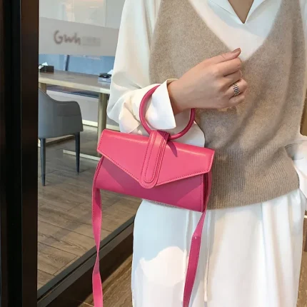 Women Fashion Flap Buckle Design Hoop Decorative Solid Color PU Handle Crossbody Bag - Image 2