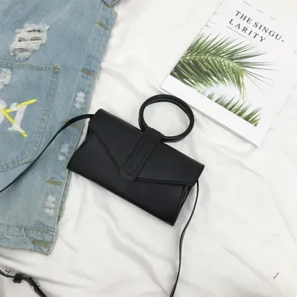 Women Fashion Flap Buckle Design Hoop Decorative Solid Color PU Handle Crossbody Bag - Image 6