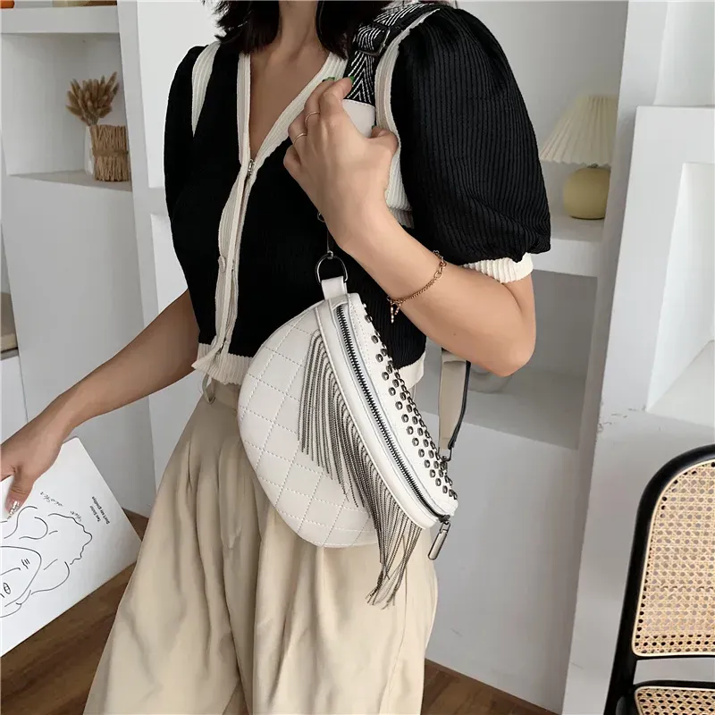 T1035D5D9F_117619.webp Women Fashion Rivet Tassel Decorative Zipper Design Solid Color PU Chest Bag - Image 3