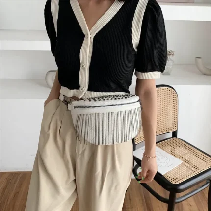 Women Fashion Rivet Tassel Decorative Zipper Design Solid Color PU Chest Bag - Image 4