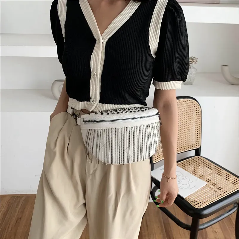 T1035D5D9F_117624.webp Women Fashion Rivet Tassel Decorative Zipper Design Solid Color PU Chest Bag - Image 4