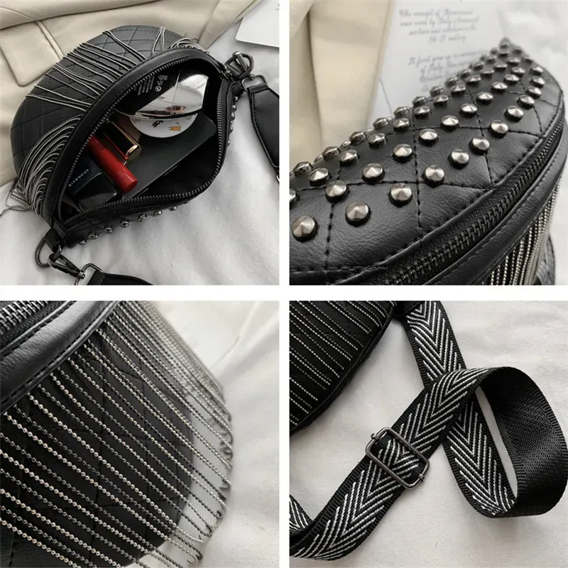 T1035D5D9F_117626.webp Women Fashion Rivet Tassel Decorative Zipper Design Solid Color PU Chest Bag - Image 5