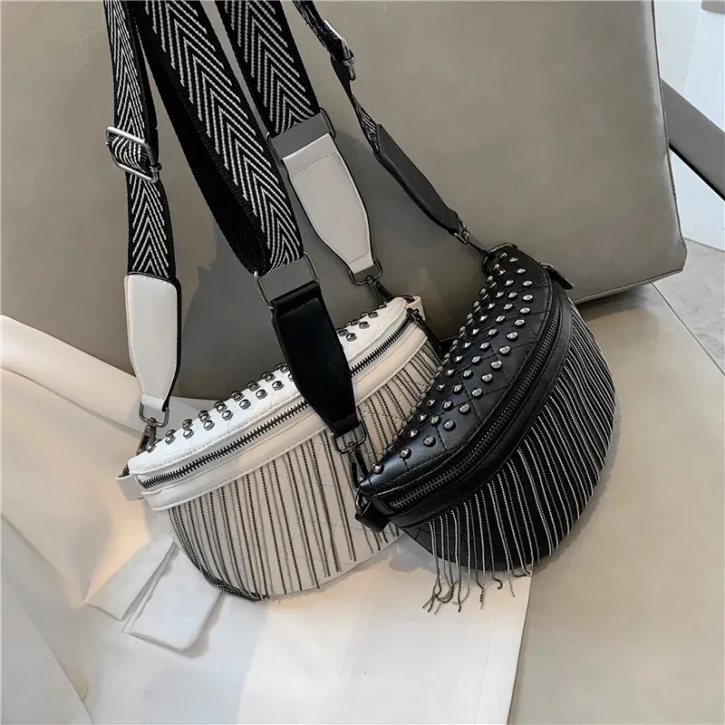 T1035D5D9F_117629.webp Women Fashion Rivet Tassel Decorative Zipper Design Solid Color PU Chest Bag - Image 6