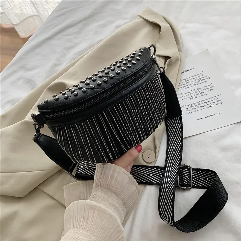 T1035D5D9F_117633.webp Women Fashion Rivet Tassel Decorative Zipper Design Solid Color PU Chest Bag - Image 7