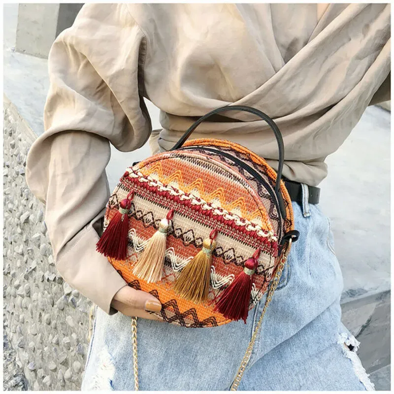T1035D613C_117491.webp Women Boho Tassel Decorative Woven Design Color Blocking Crossbody Bag - Image 1
